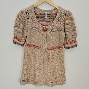 Caslon Fair Isle Babydoll Cardigan Size S  Knit Puff Sleeves Cottagecore Boho